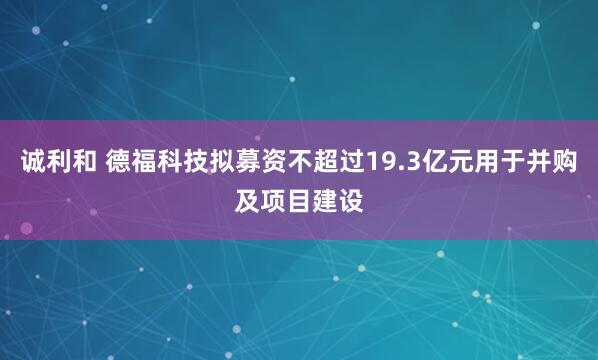 诚利和 德福科技拟募资不超过19.3亿元用于并购及项目建设